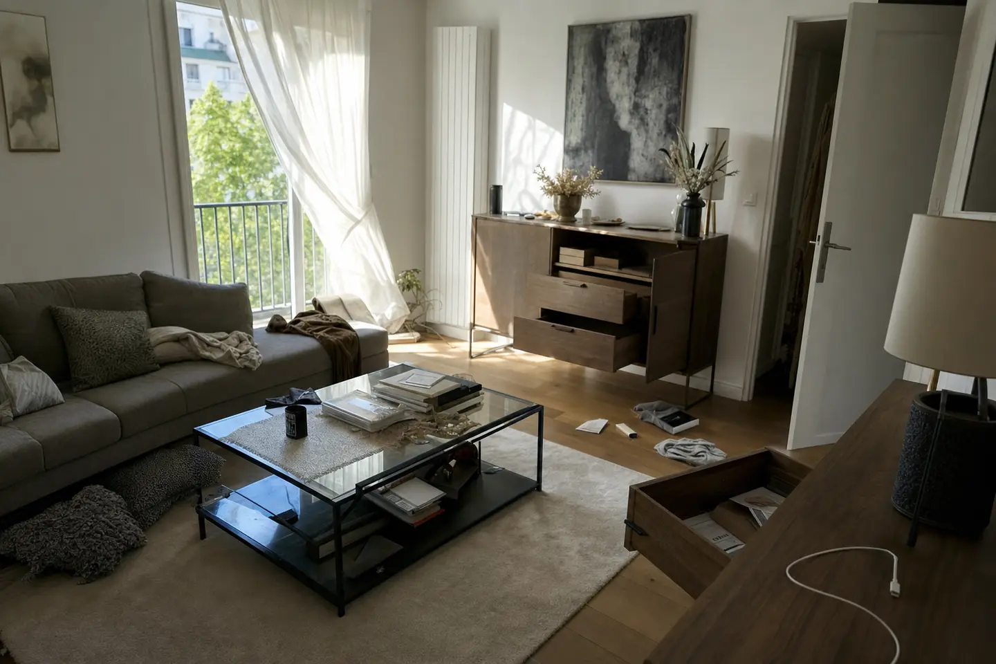 Salon d'un appartement français après un cambriolage, câble de charge laissé sans téléphone sur une table